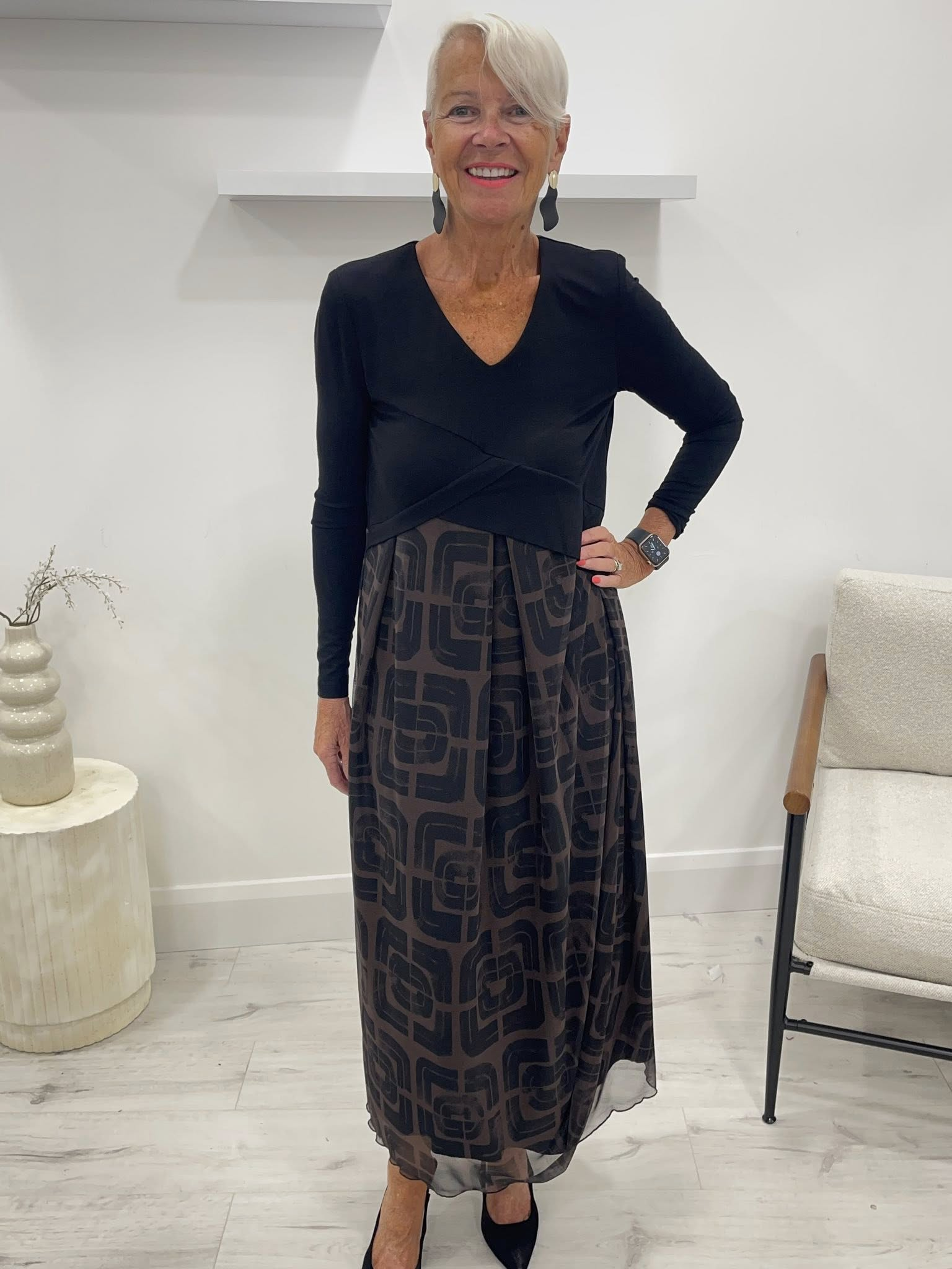 Maeve | Robe Midi en Jersey Noir et Maille
