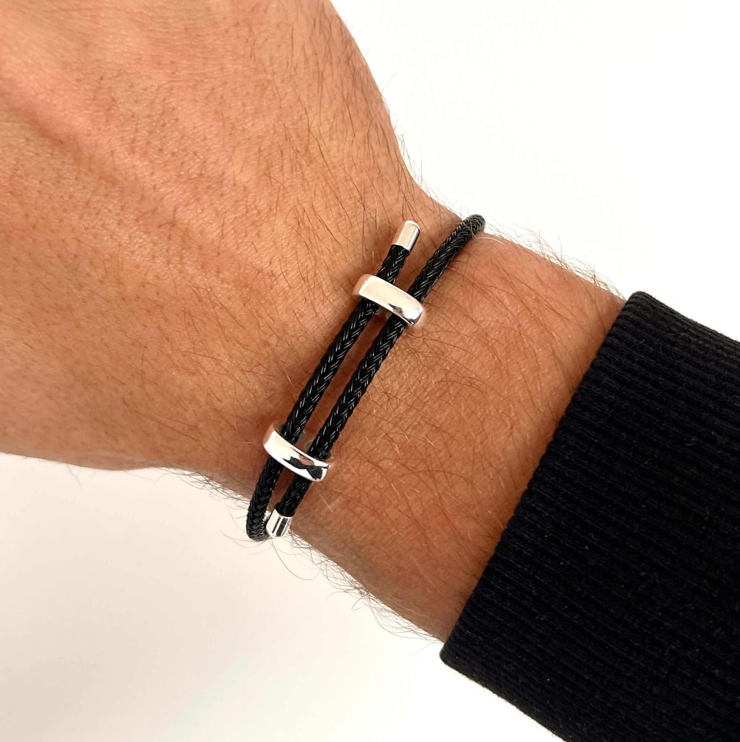 Bracelet en câble d'acier tressé, argent et noir