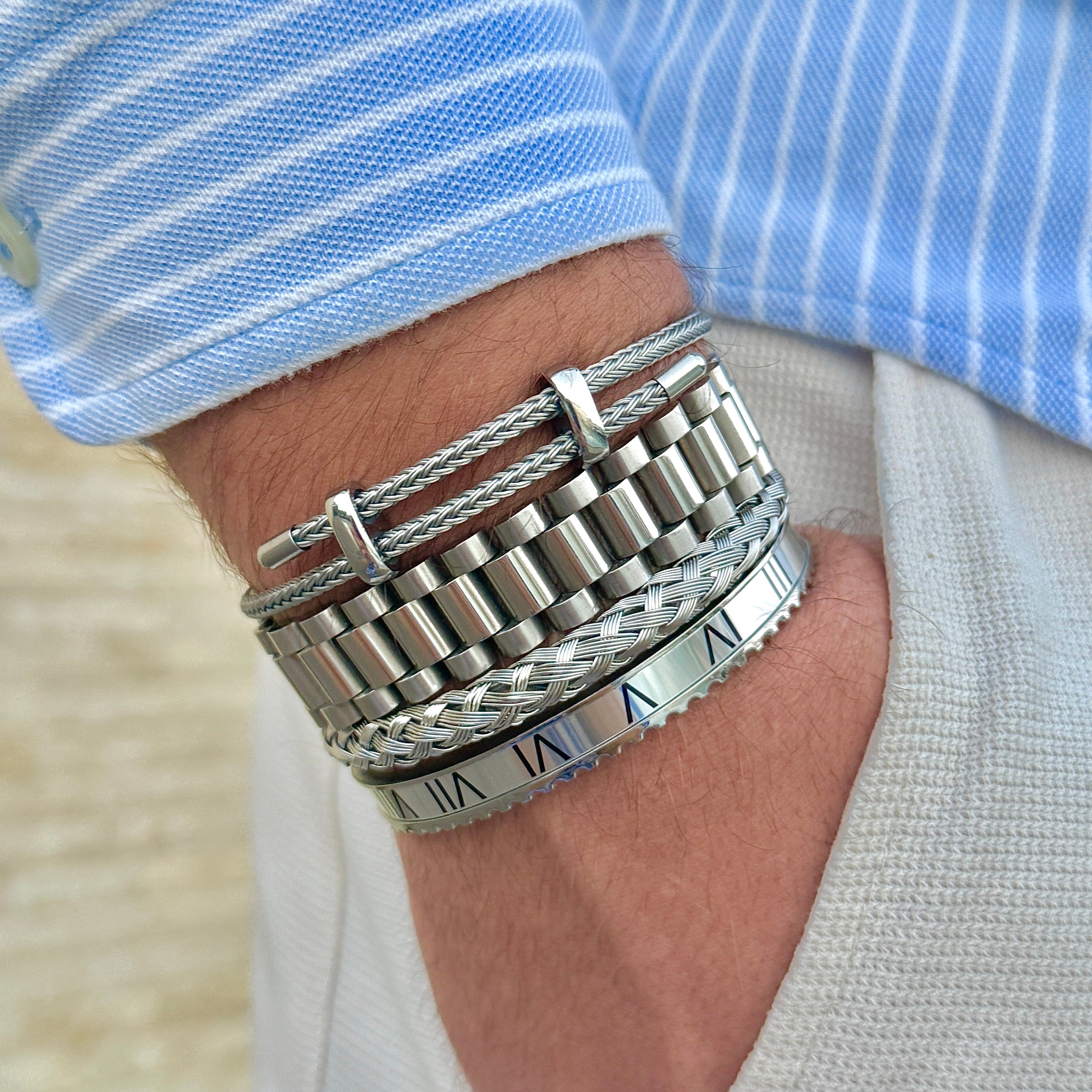 Bracelet en câble d'acier tressé, édition argentée